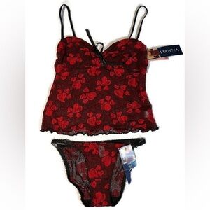 NWT Hanna camisole and string bikini two piece set in red and black, size large.